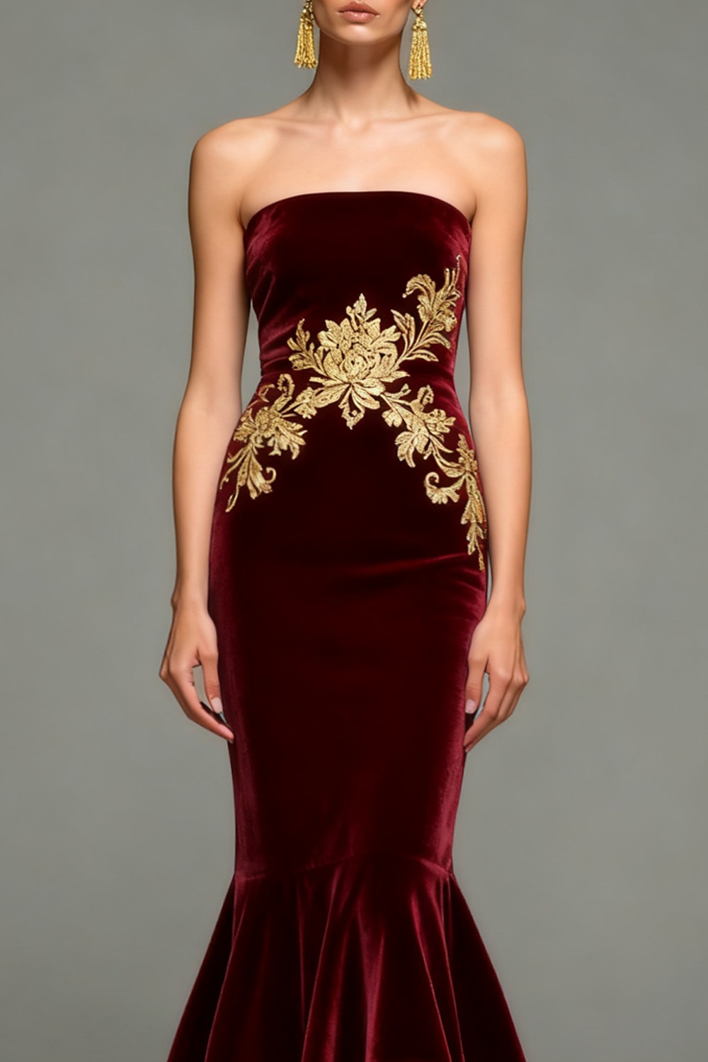 Formal Dress Burgundy Mermaid Off the Shoulder Printed Velvet Maxi Dress