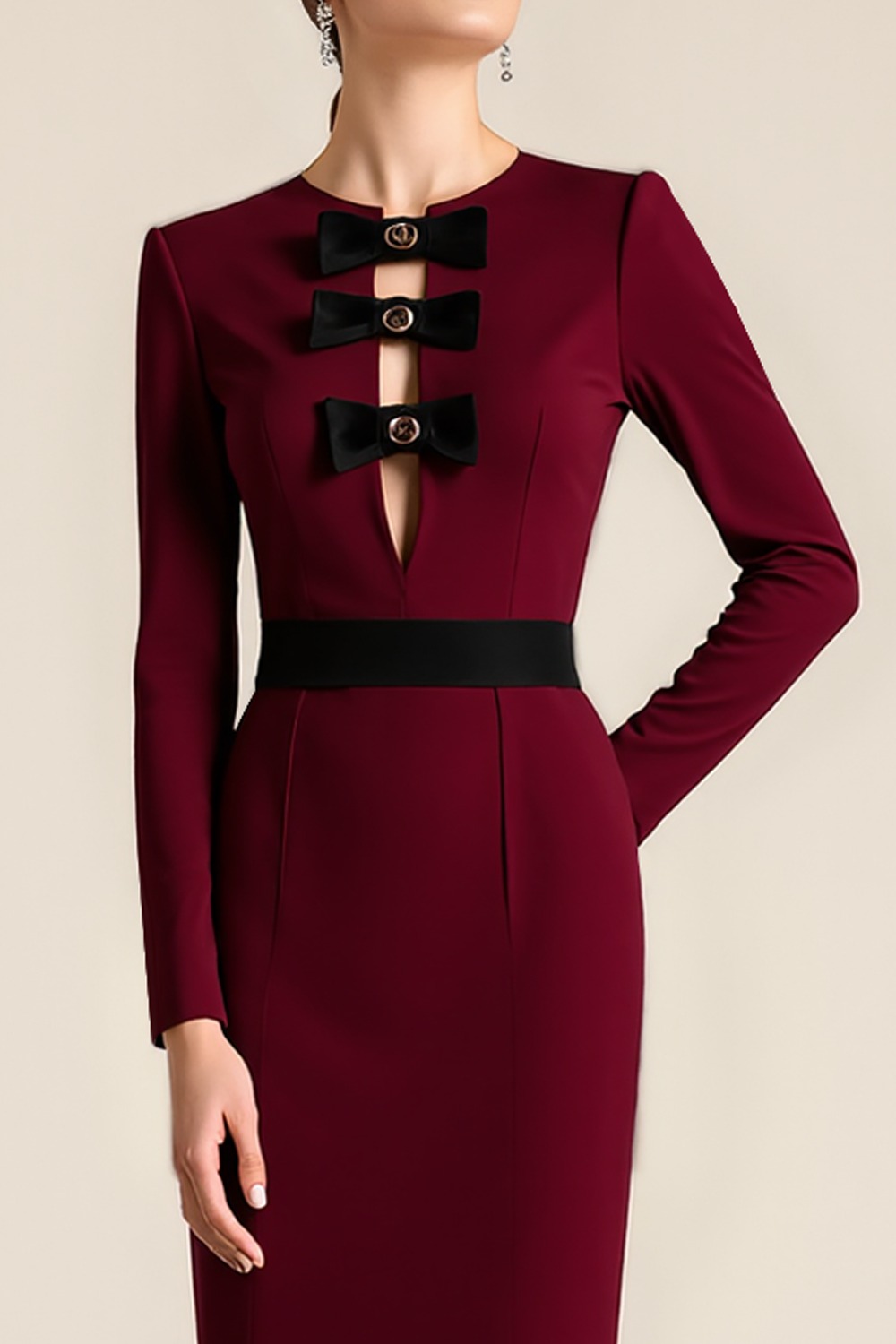 Formal Dress Burgundy Round Neck Long Sleeve Maxi Dress with Bow