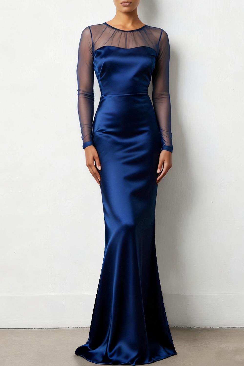 Navy Formal Dress Mermaid Sheer Sleeve Satin Maxi Dress
