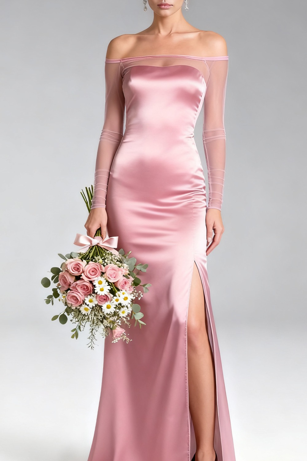 Formal Dress Pink Off the Shoulder Satin Maxi Dress with Slit