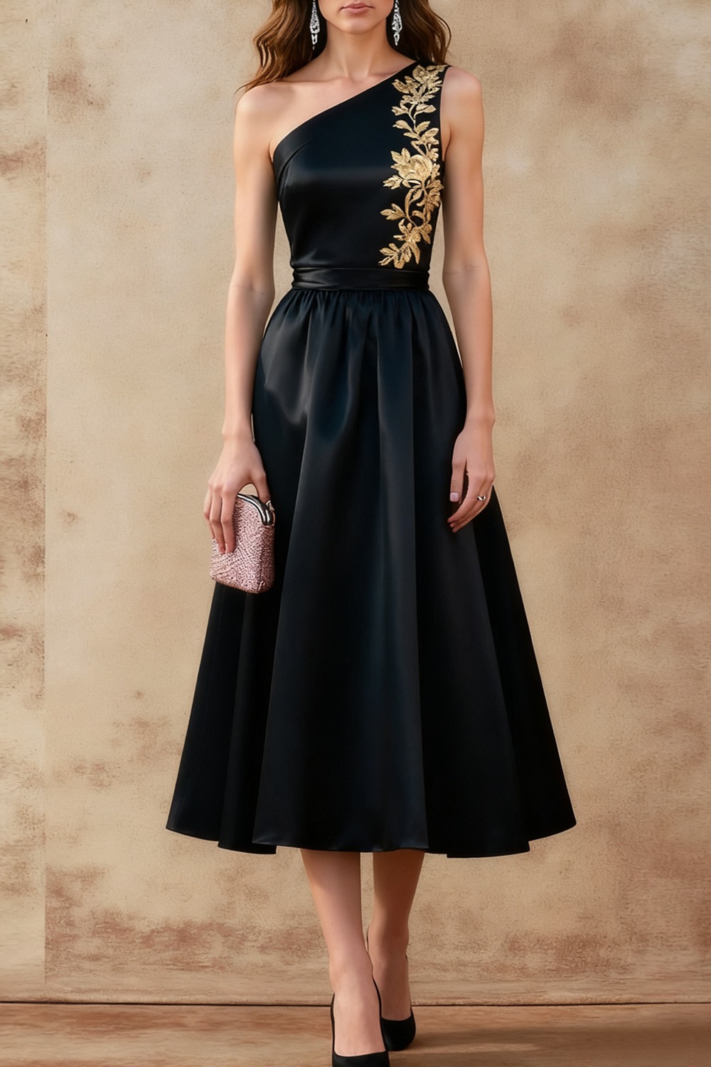 Black Formal Dress A-Line One Shoulder Printed Satin Midi Dress