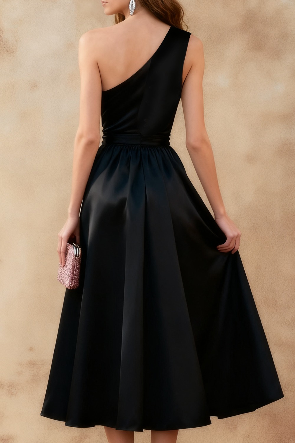 Black Formal Dress A-Line One Shoulder Printed Satin Midi Dress