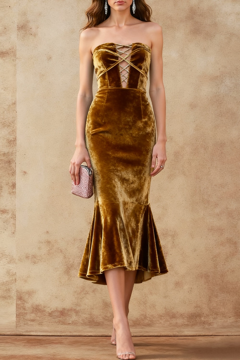 Formal Evening Dress Dark Yellow Mermaid Strapless Velvet Midi Dress