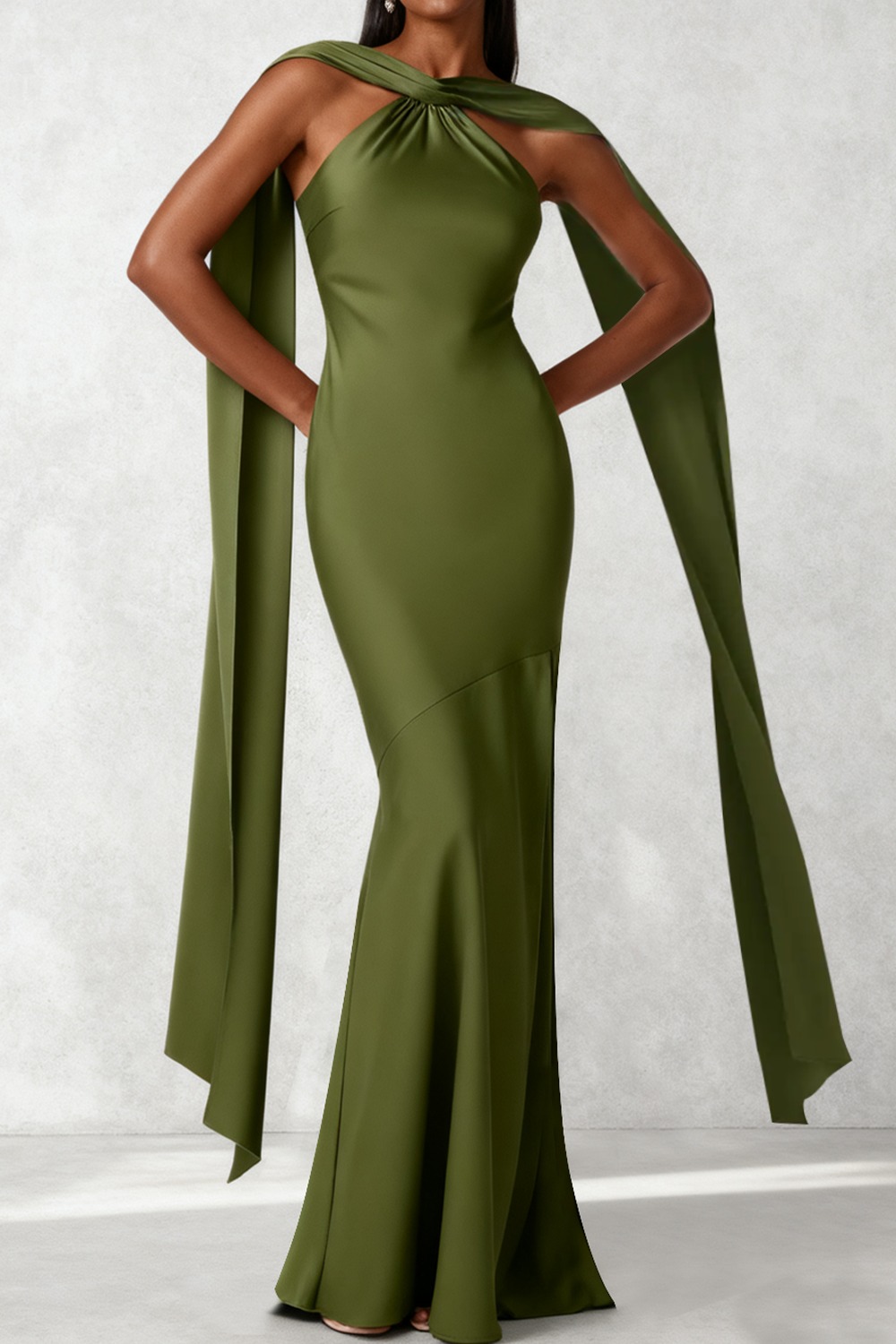Evening Formal Dress Mermaid Olive Halter Satin Scarf Maxi Dress