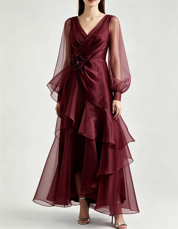 Long Puff Sleeve V Neck Tiered Ruffle Organza Formal Maxi Dress
