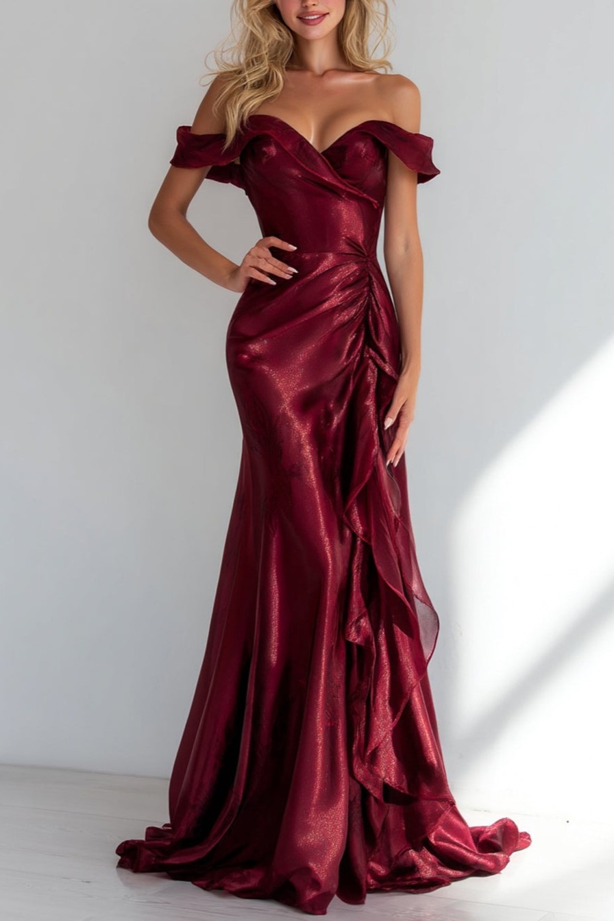 Burgundy Mermaid Off the Shoulder Long Wedding Guest Dress with Ruffles