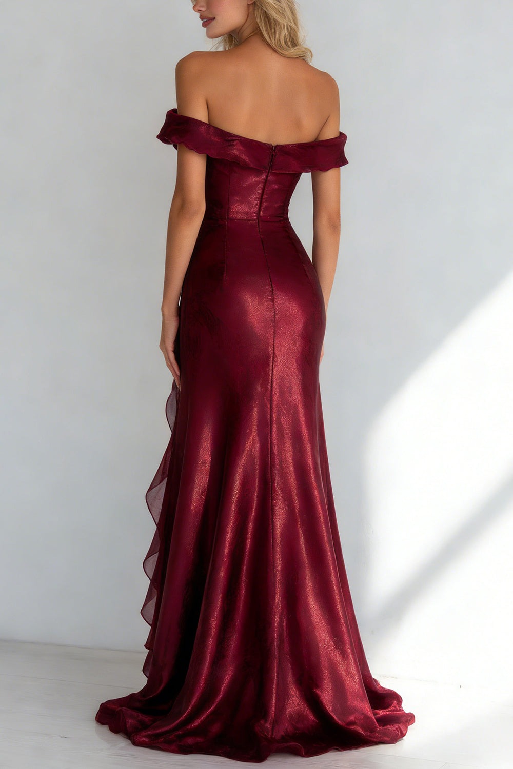 Burgundy Mermaid Off the Shoulder Long Wedding Guest Dress with Ruffles