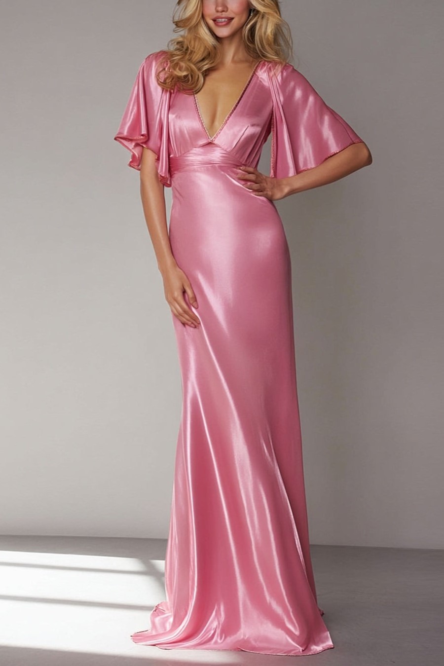 Pink Satin Sheath V-Neck Long Wedding Guest Dress with Sleeves