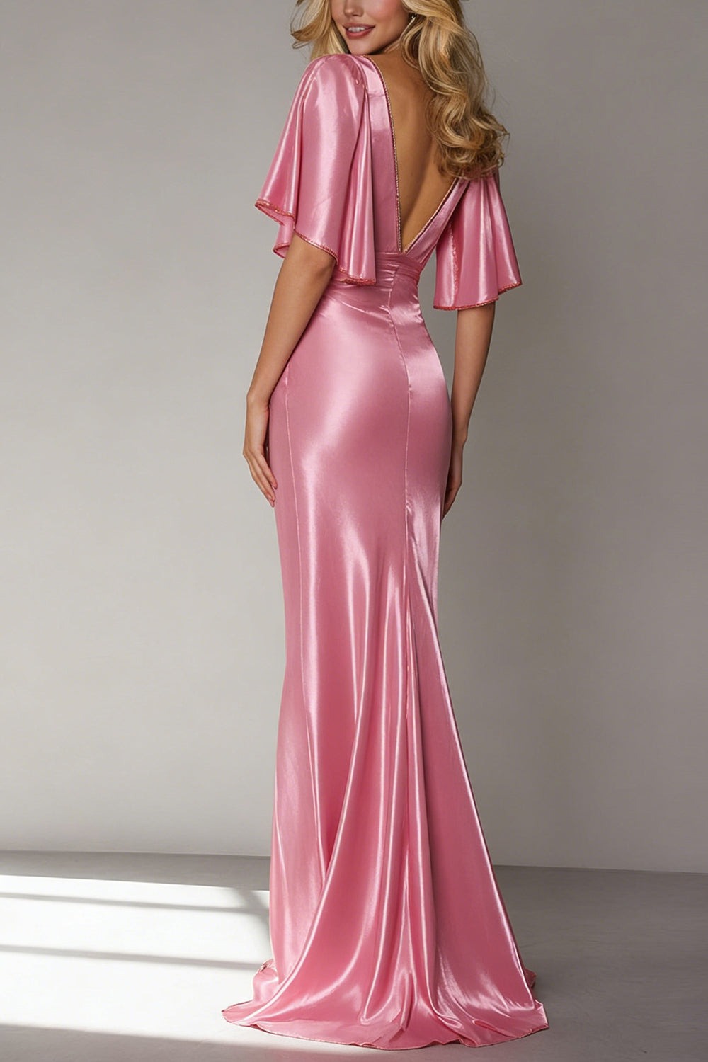 Pink Satin Sheath V-Neck Long Wedding Guest Dress with Sleeves