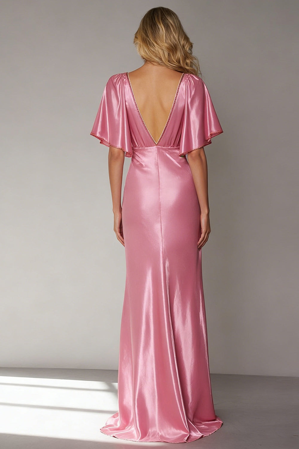 Pink Satin Sheath V-Neck Long Wedding Guest Dress with Sleeves