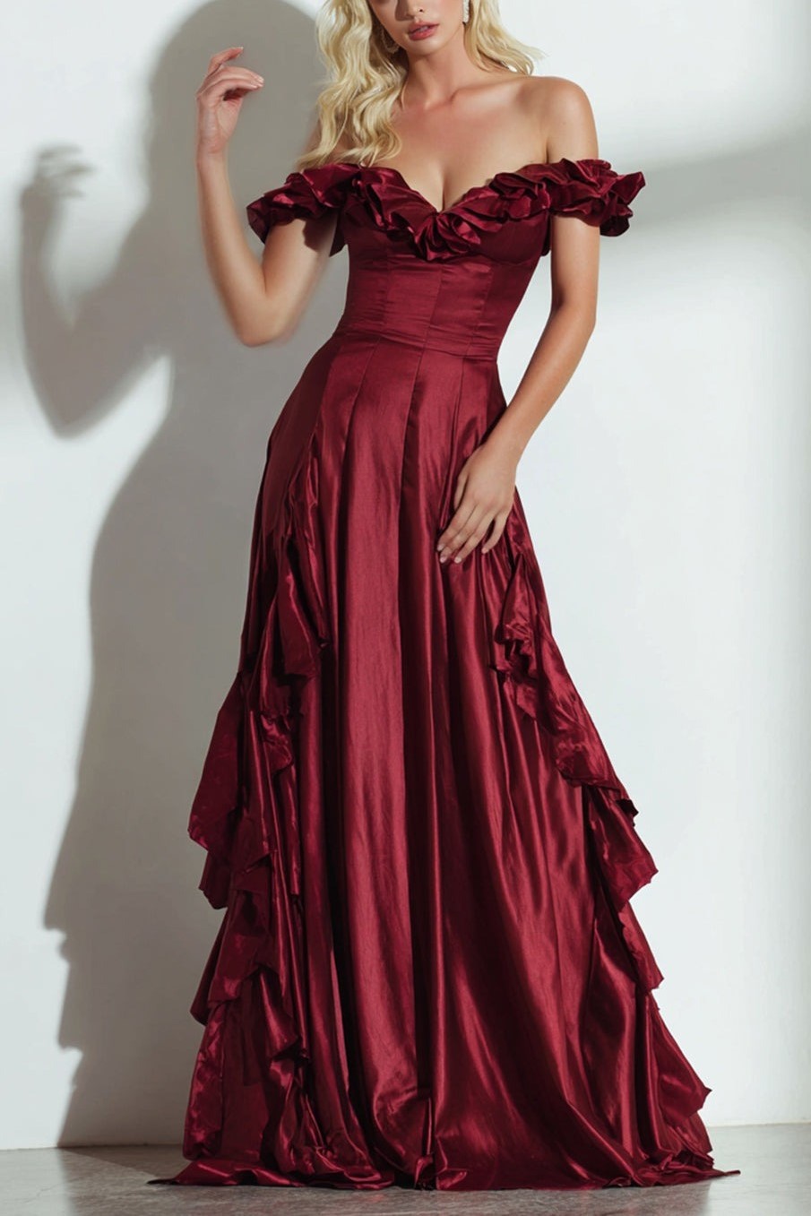 Burgundy Off the Shoulder A Line Satin Long Wedding Guest Dress with Ruffles