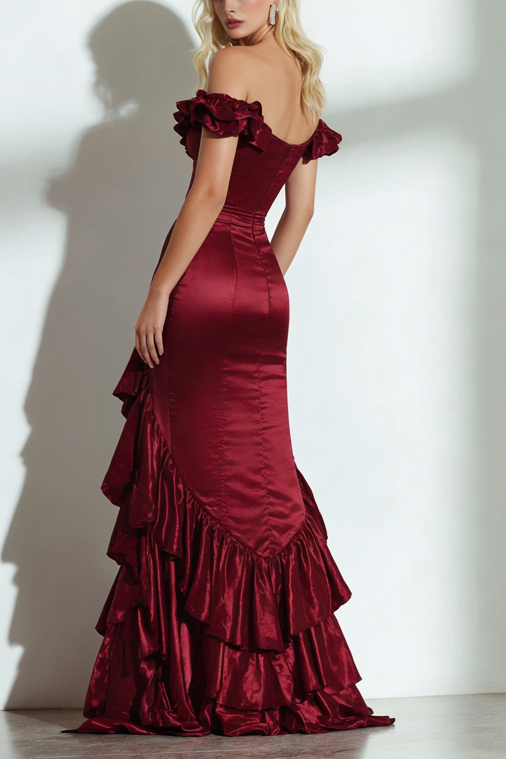 Burgundy Off the Shoulder A Line Satin Long Wedding Guest Dress with Ruffles