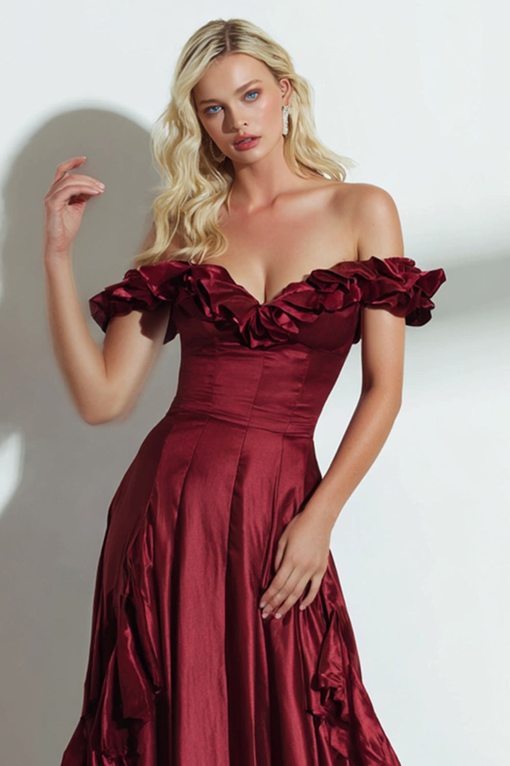 Burgundy Off the Shoulder A Line Satin Long Wedding Guest Dress with Ruffles