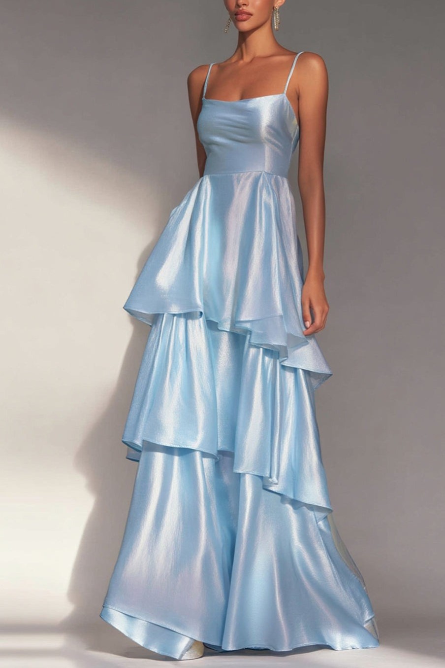 Light Blue Spaghetti Straps A Line Tiered Long Wedding Guest Dress