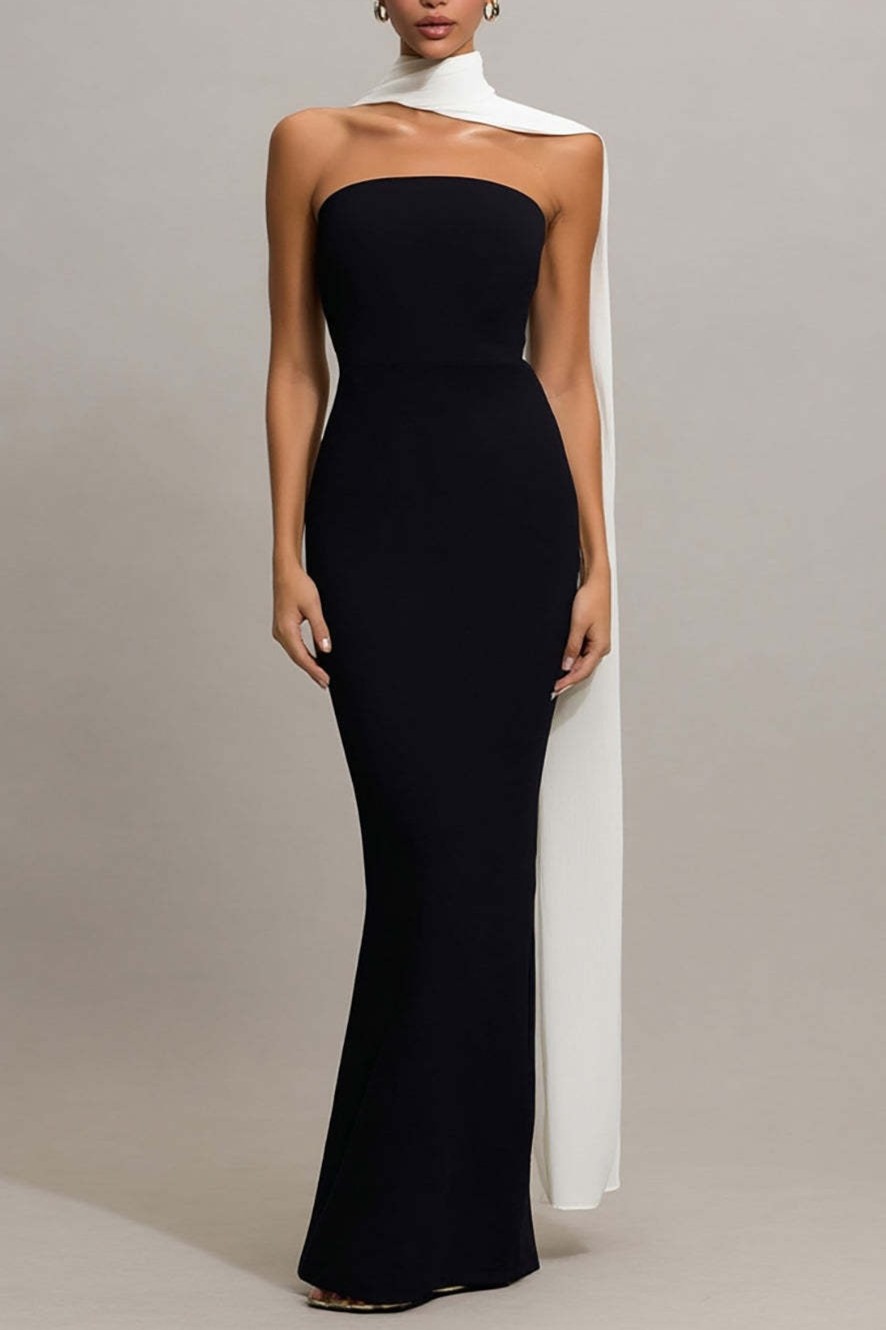 Black and White Neck Scarf Mermaid Maxi Formal Dress