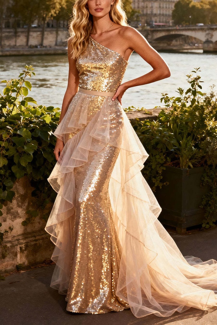 Sparkly Gold Sequin Ruffled Long Tiered Prom Dress with Cape