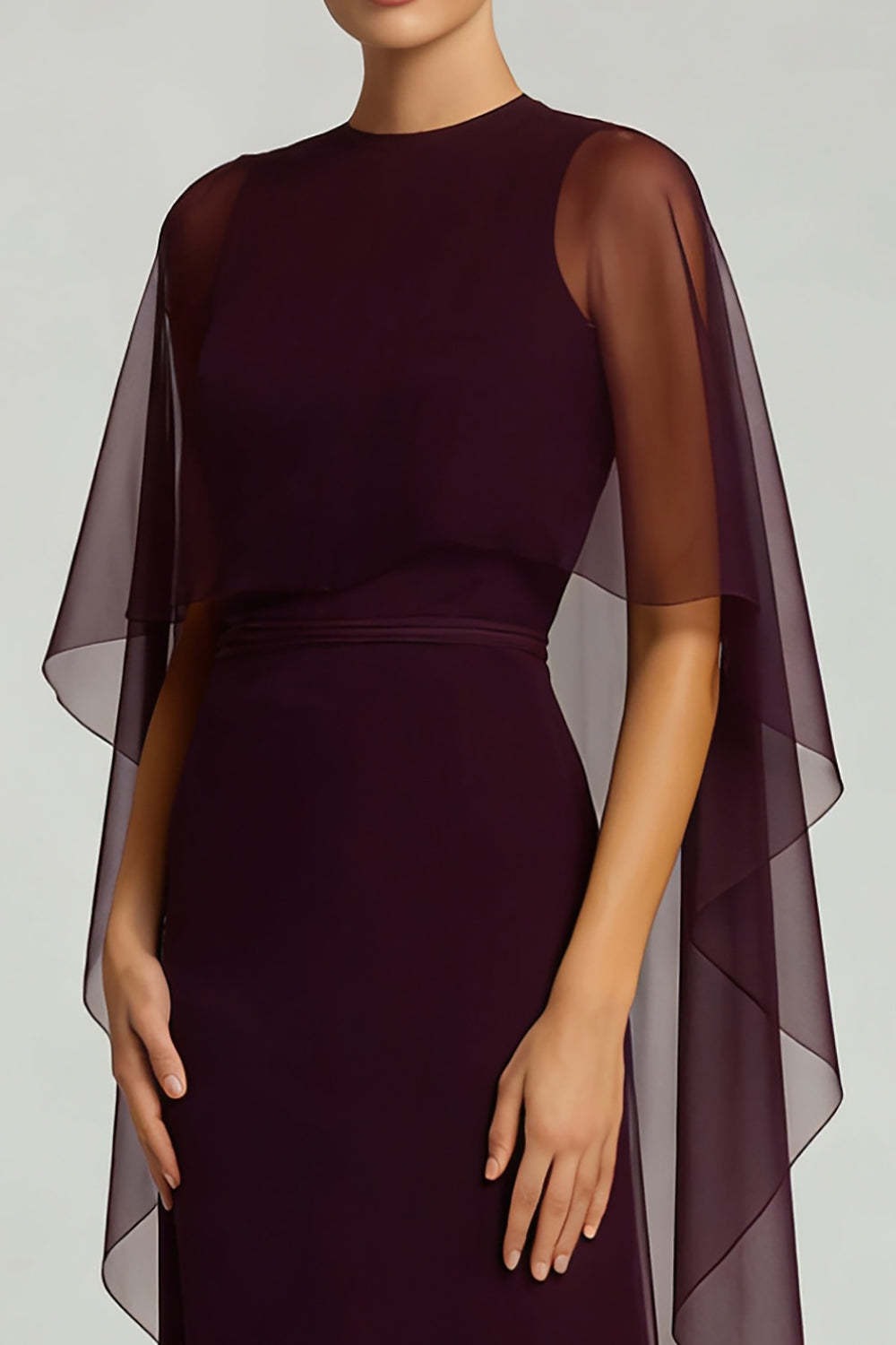 Burgundy Chiffon Sheath Crew Neck Long Formal Dress with Cape