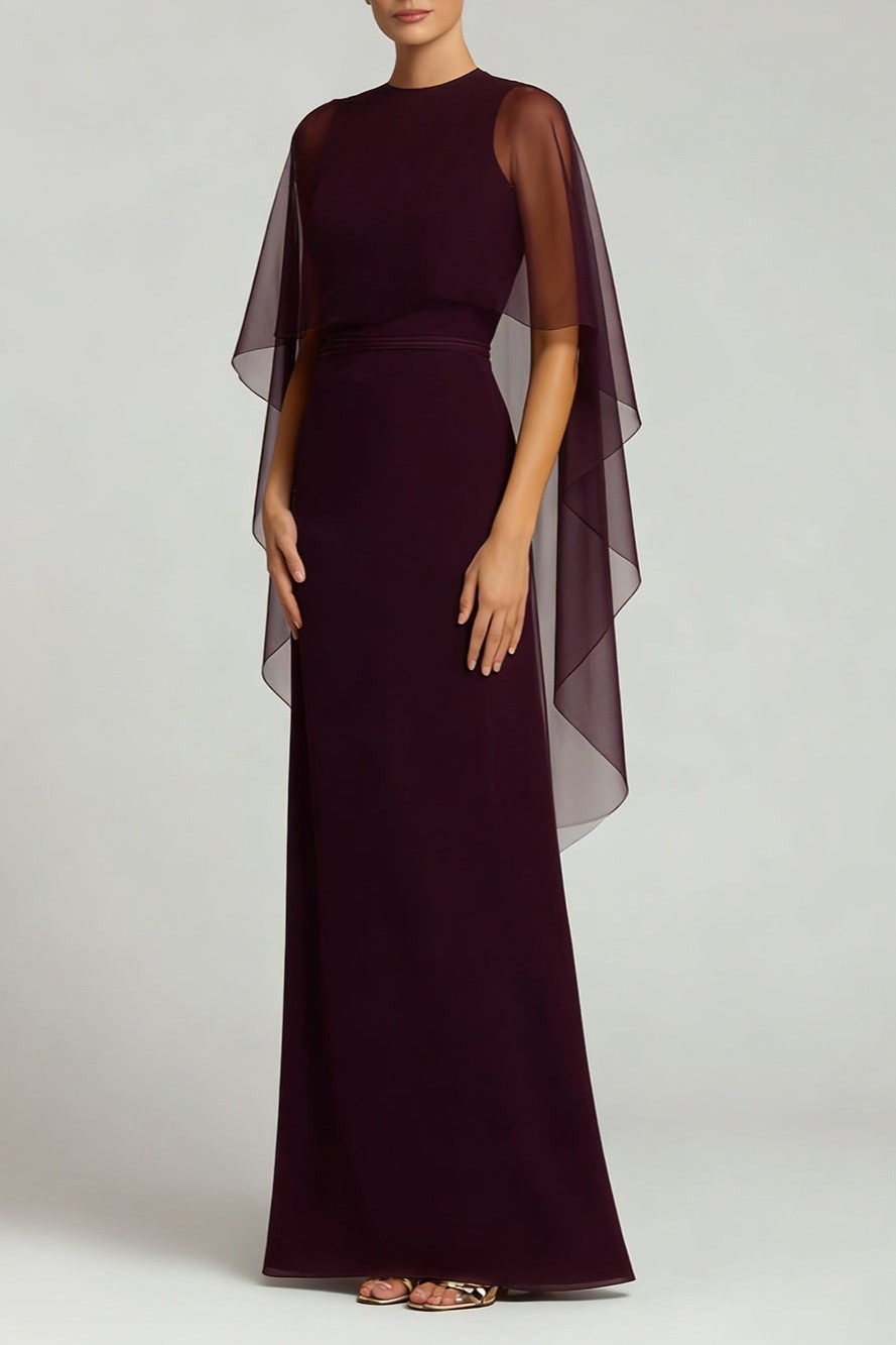 Burgundy Chiffon Sheath Crew Neck Long Formal Dress with Cape