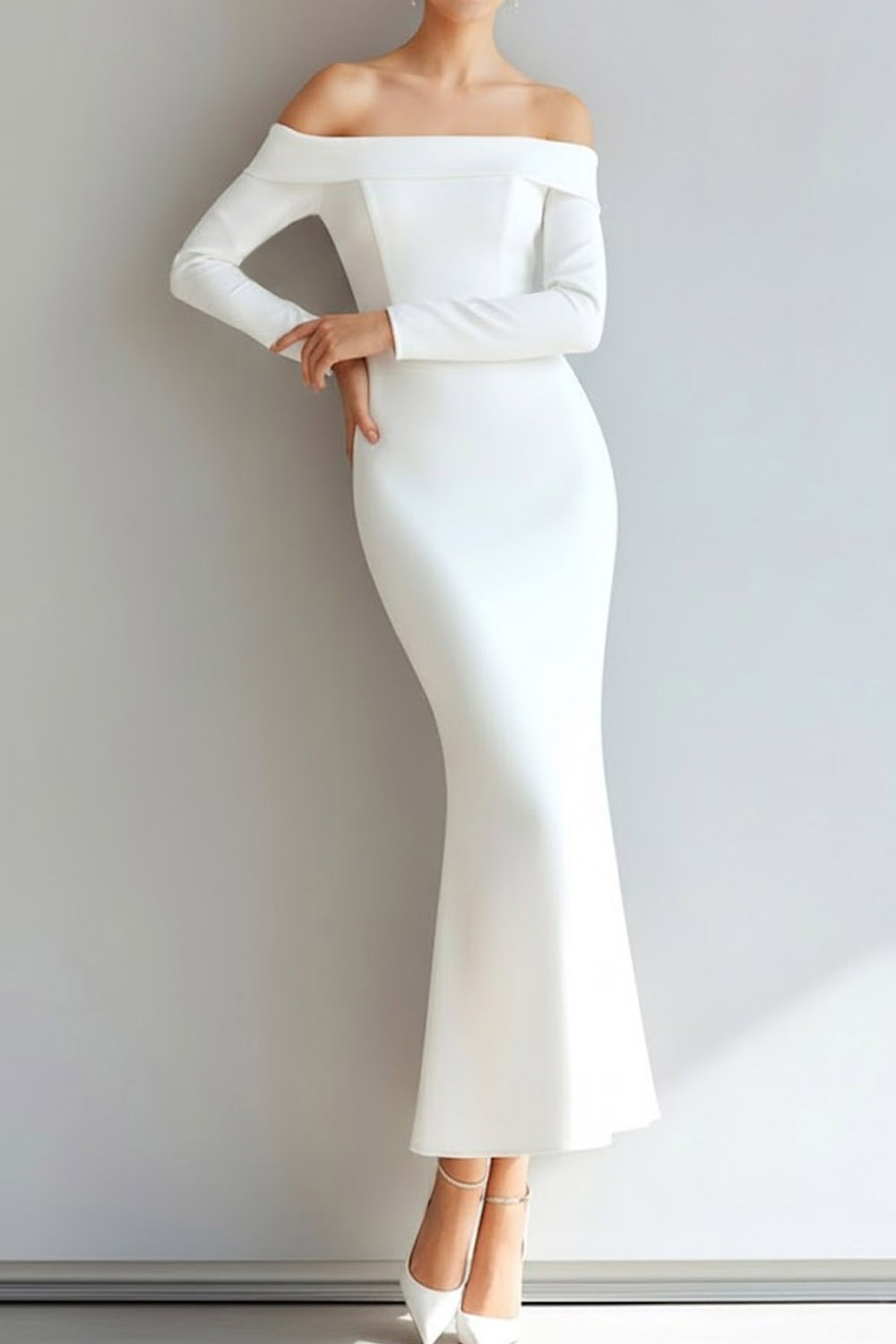 White Formal Evening Dress Mermaid Off the Shoulder Long Sleeve Maxi Dress