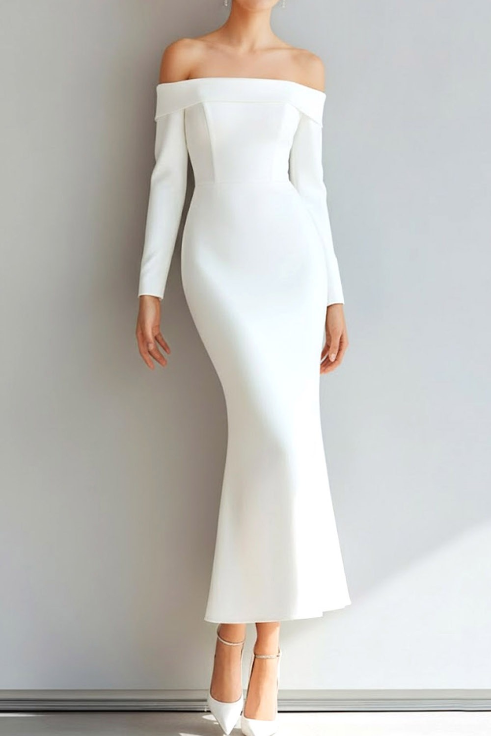White Formal Evening Dress Mermaid Off the Shoulder Long Sleeve Maxi Dress