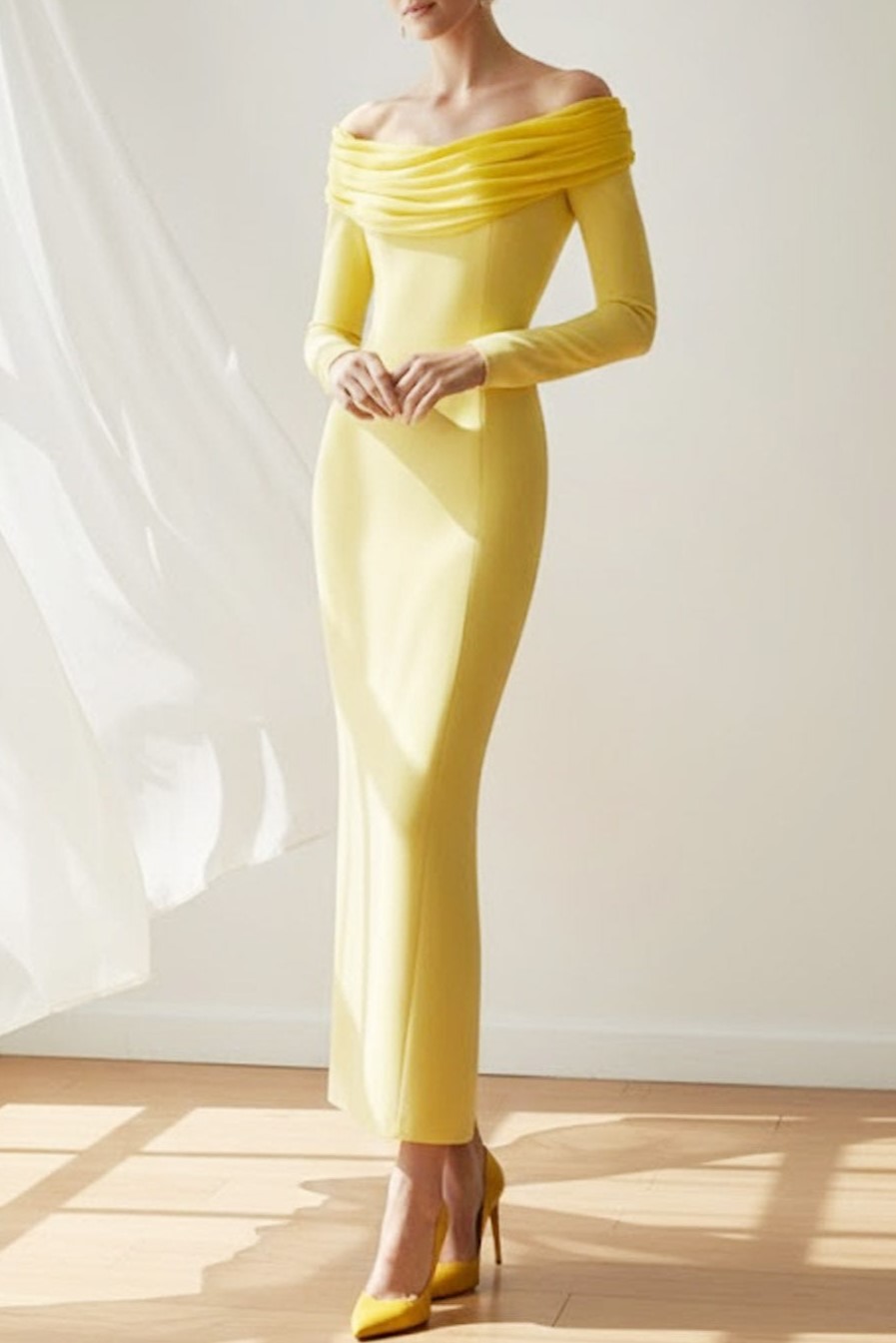 Light Yellow Off the Shoulder Sheath Long Formal Dress with Sleeves