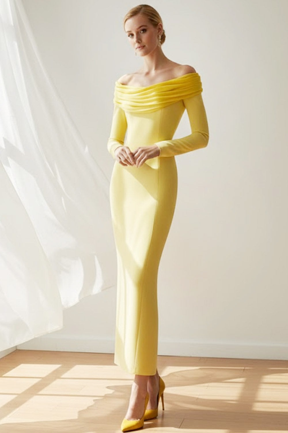 Light Yellow Off the Shoulder Sheath Long Formal Dress with Sleeves
