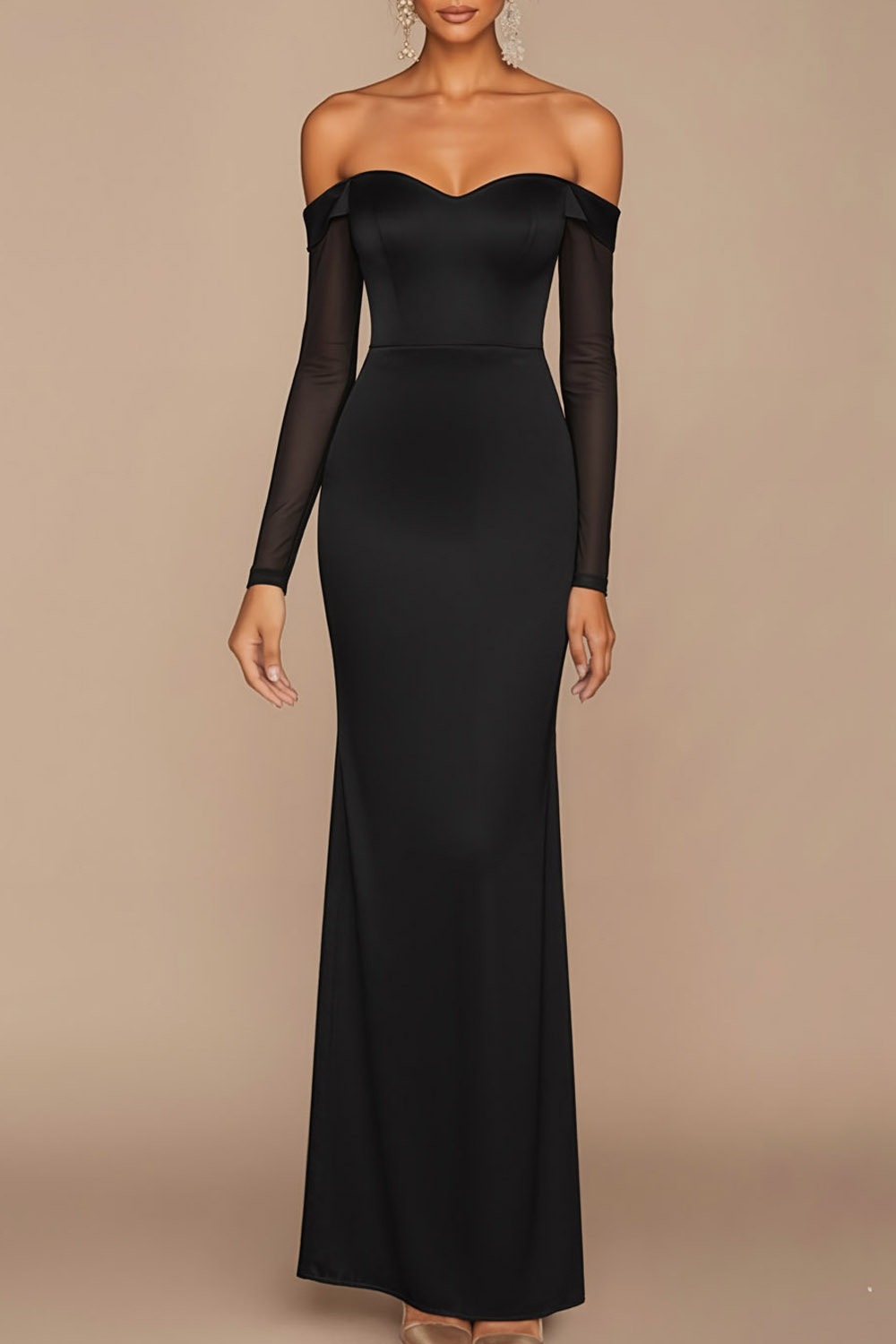 White Formal Dress Sheath Off the Shoulder Long Sleeve Maxi Dress with Slit