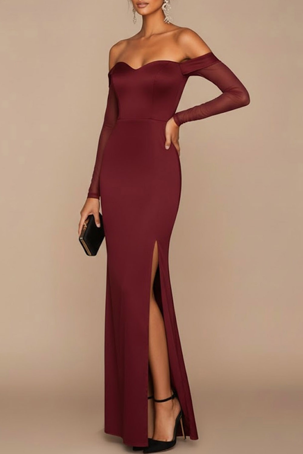 White Formal Dress Sheath Off the Shoulder Long Sleeve Maxi Dress with Slit