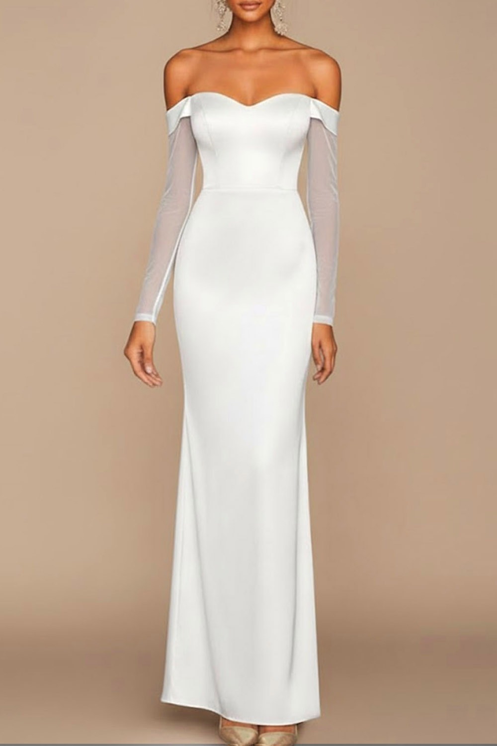 White Formal Dress Sheath Off the Shoulder Long Sleeve Maxi Dress with Slit