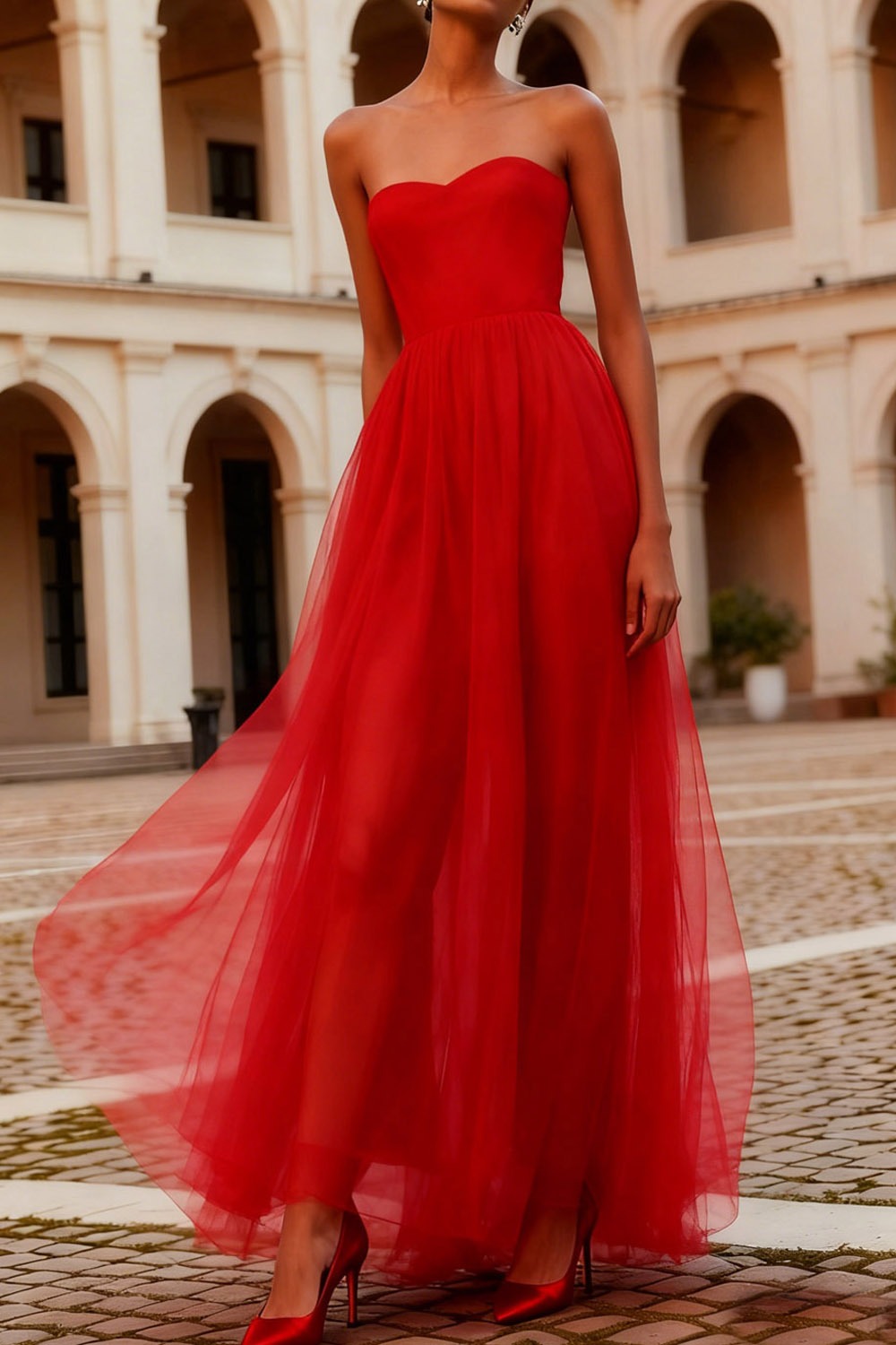 Formal Party Dress Red A-Line Strapless Chiffon Maxi Dress