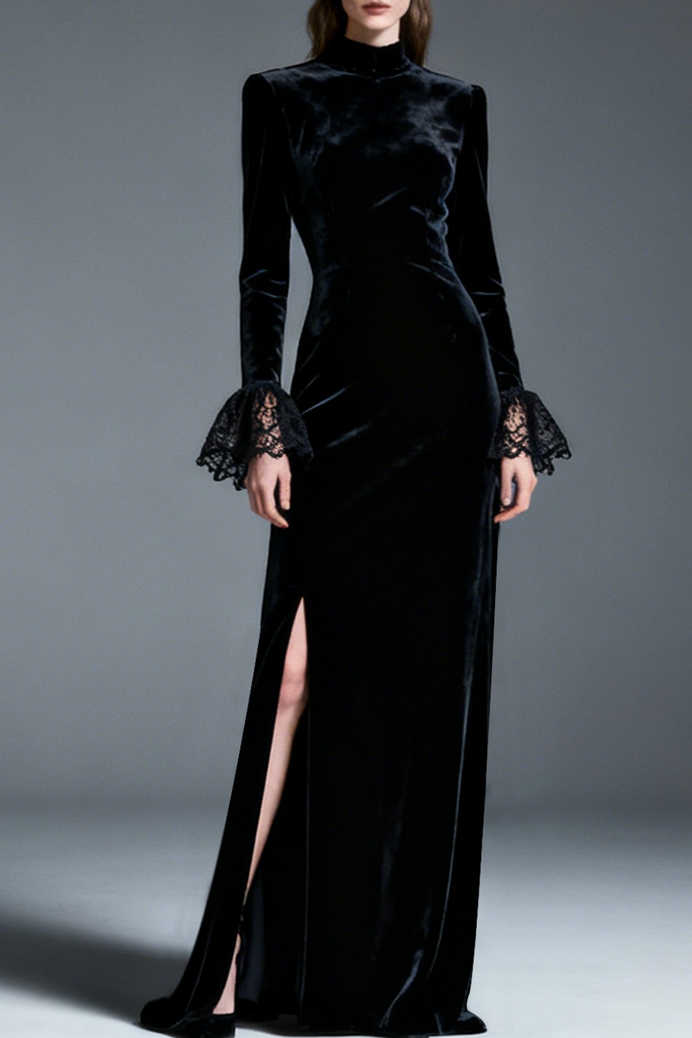 Black Formal Dress Sheath High Neck Velvet Maxi Dress with Slit