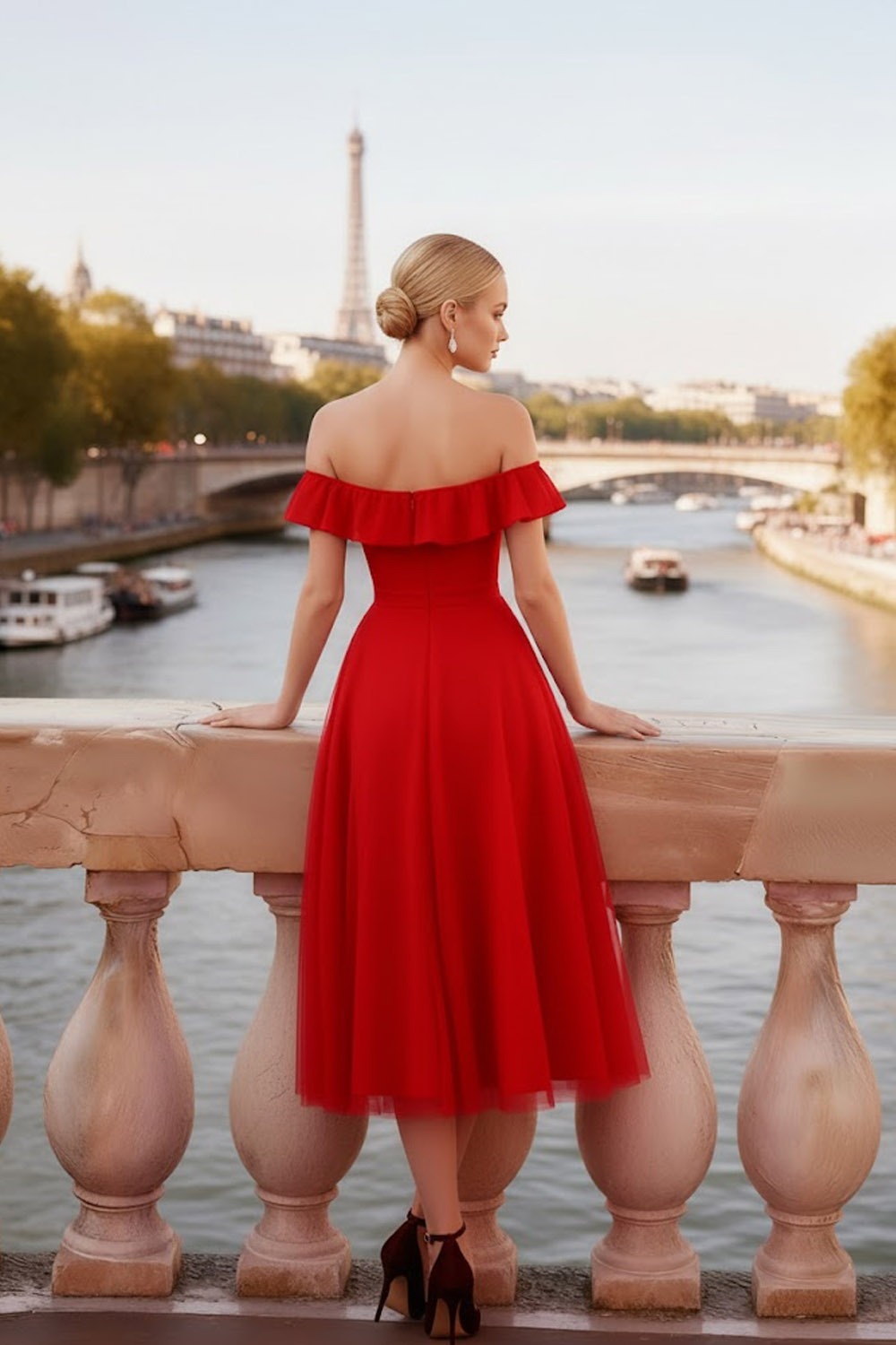 Red Evening Formal Dress A-Line Off the Shoulder Tulle Midi Dress