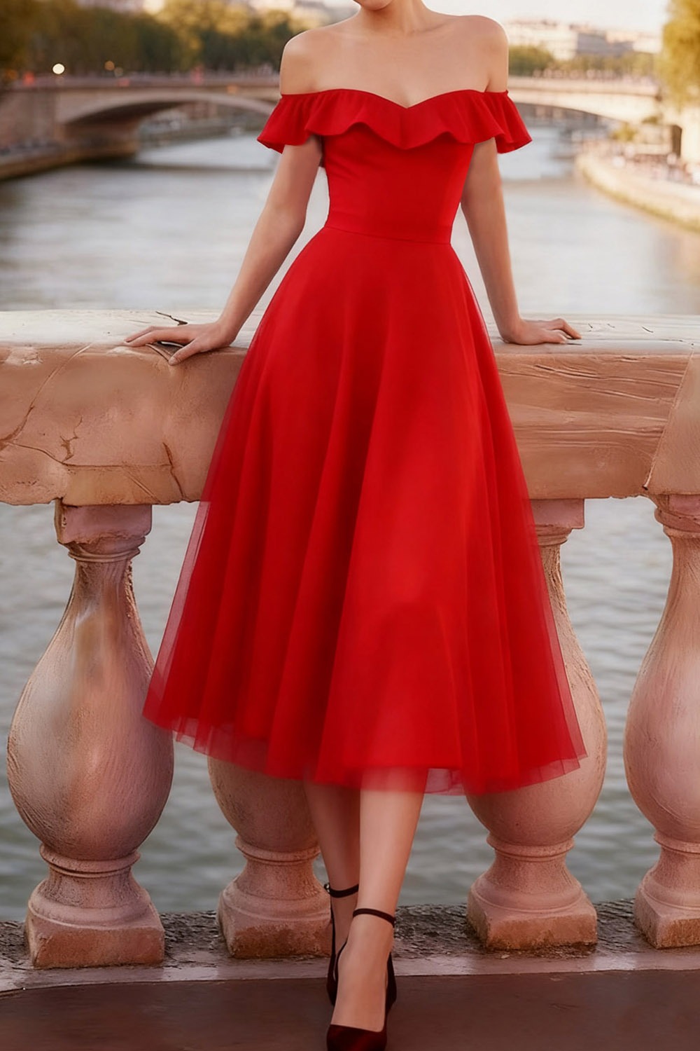 Red Evening Formal Dress A-Line Off the Shoulder Tulle Midi Dress
