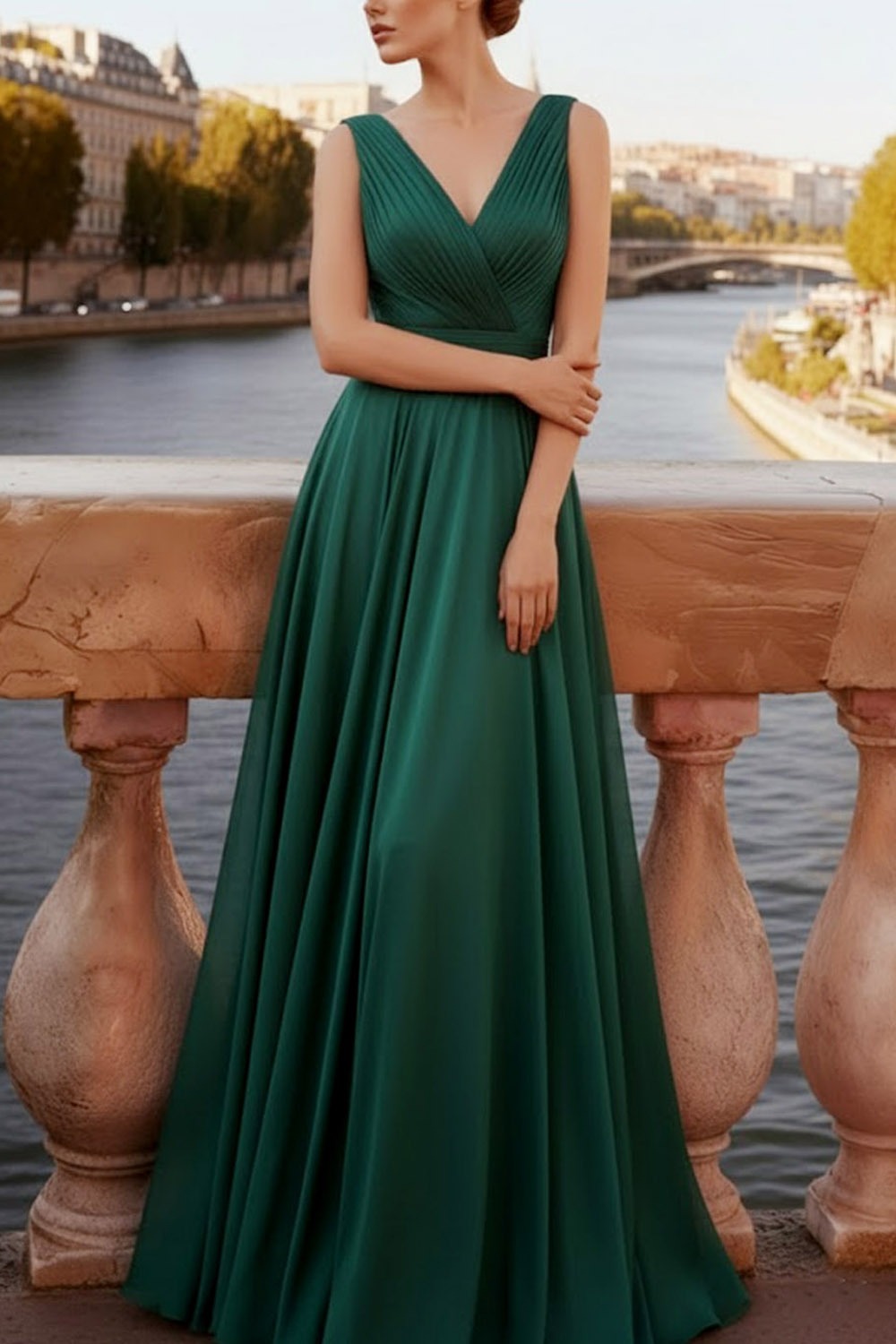 Emerald Green Formal Party Dress A-Line V-Neck Chiffon Maxi Dress