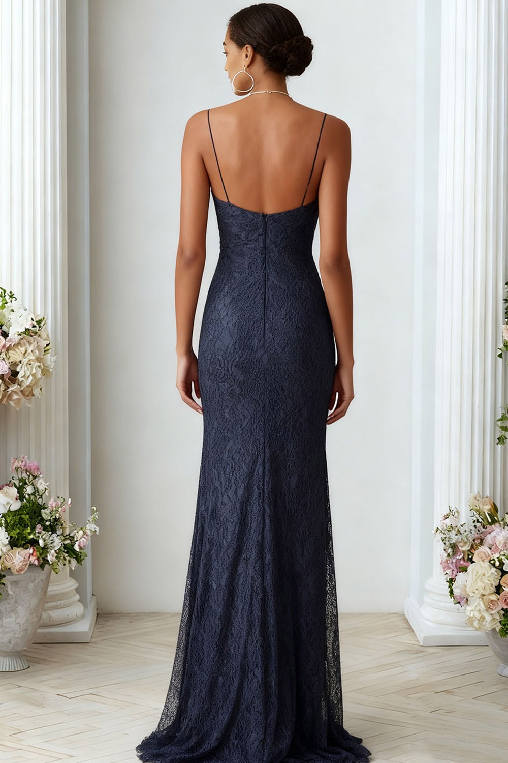 Evening Formal Dress Navy Sheath Spaghetti Straps Lace Maxi Dress