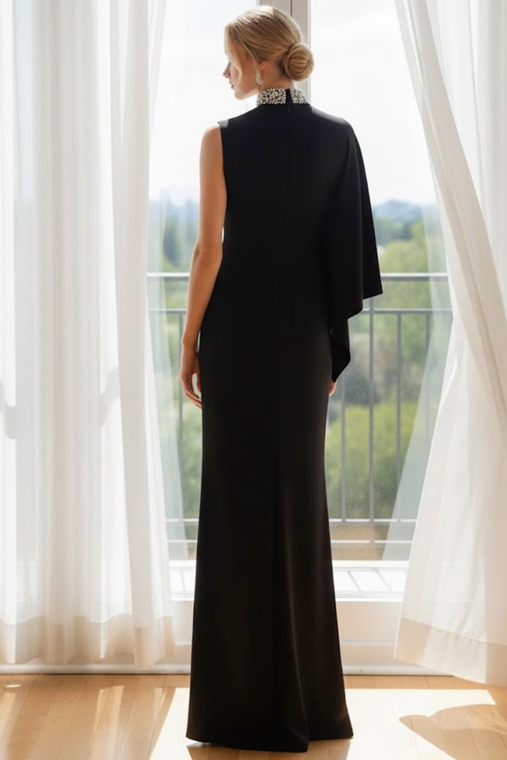 Black Formal Dress Sheath High Neck One Sleeve Maxi Dress