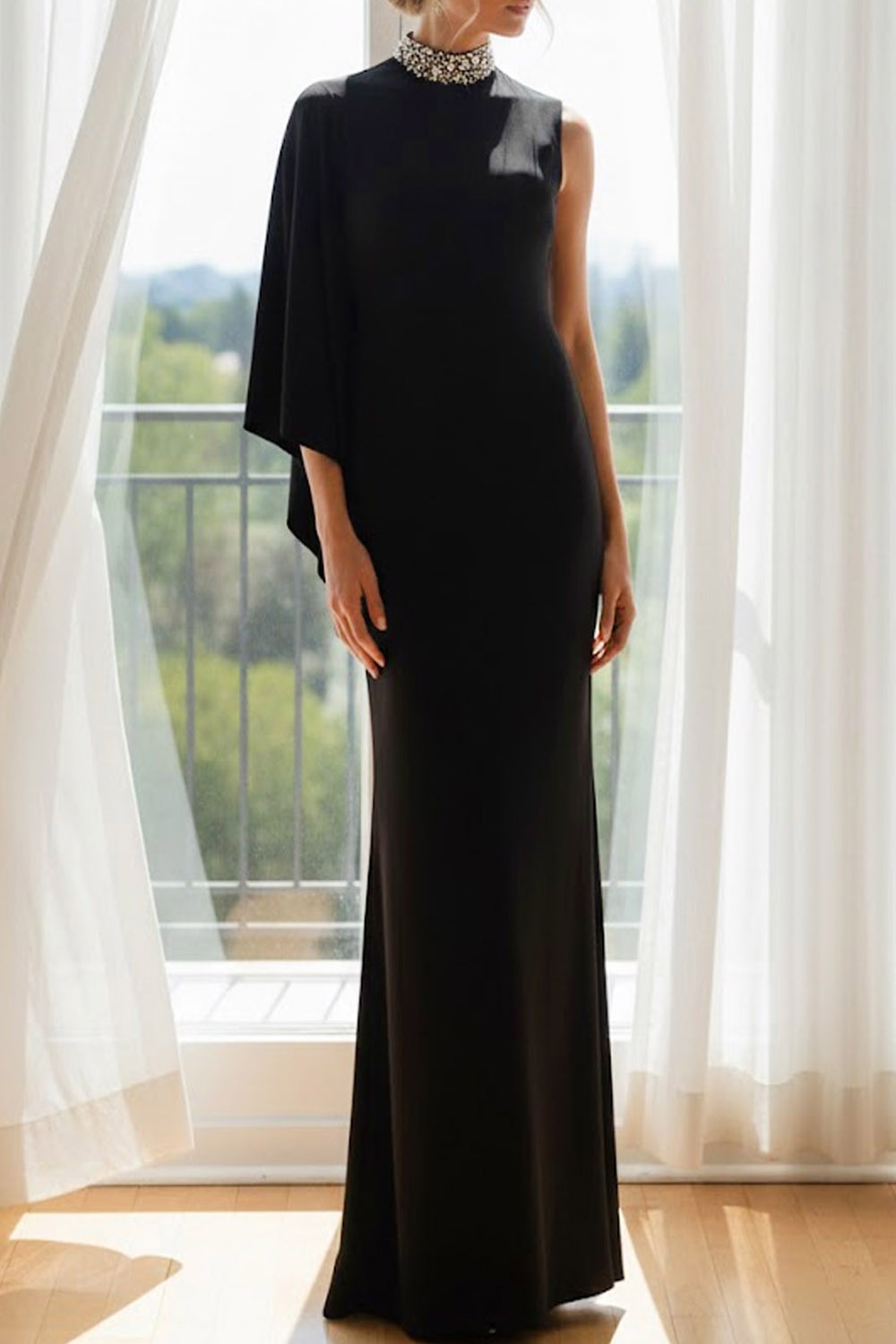 Black Formal Dress Sheath High Neck One Sleeve Maxi Dress