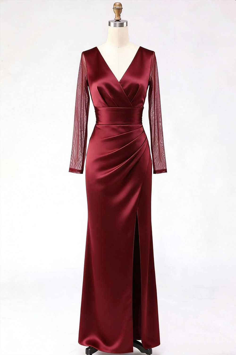 Burgundy Formal Dress Sheath V-Neck Satin Maxi Dress with Slit