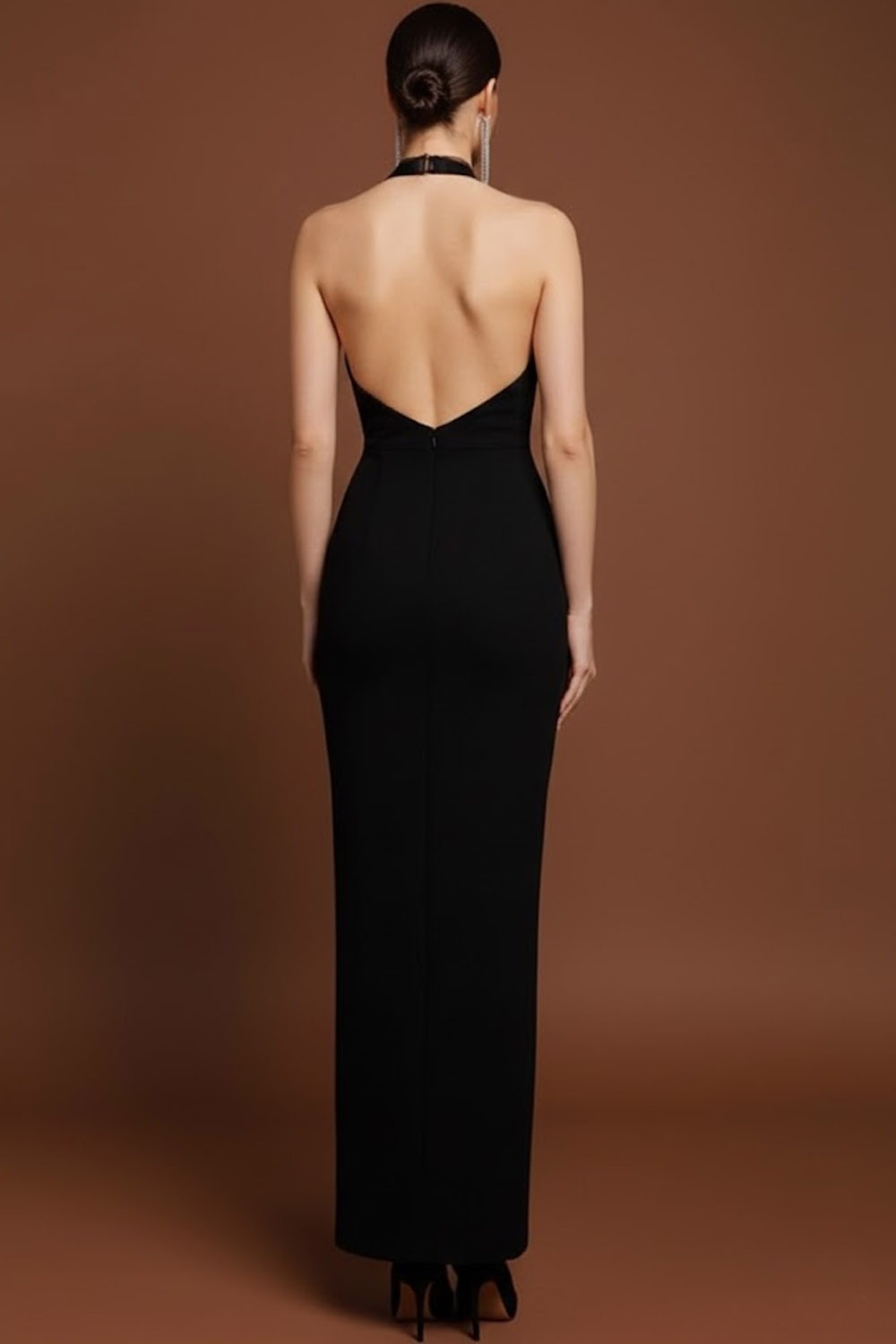 Evening Formal Dress Black Sheath Halter Sleeveless Maxi Dress