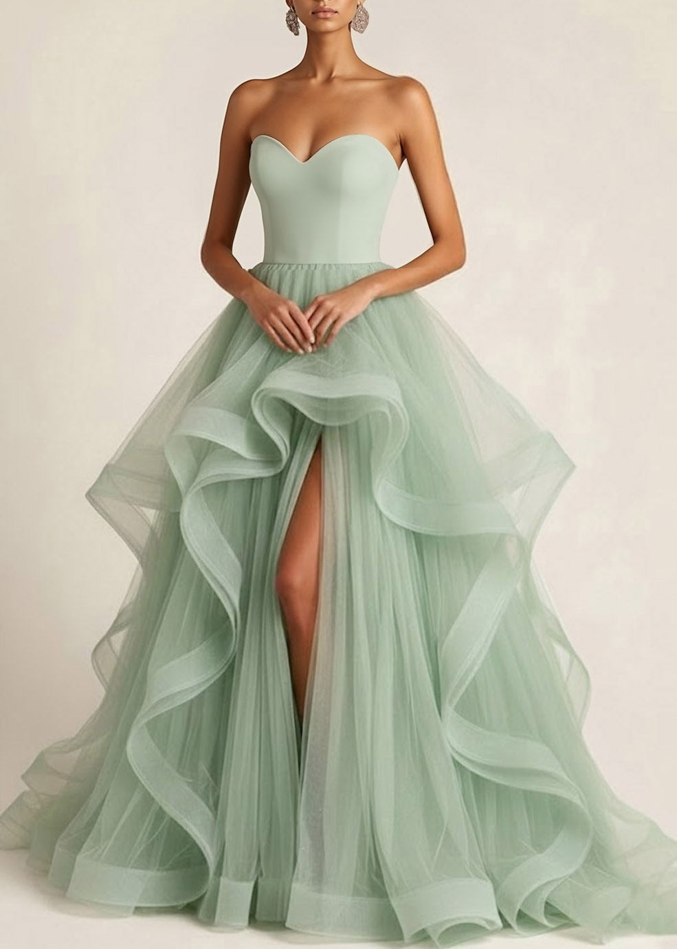 Light Green Sweetheart Tulle A Line Maxi Prom Dress with Ruffles