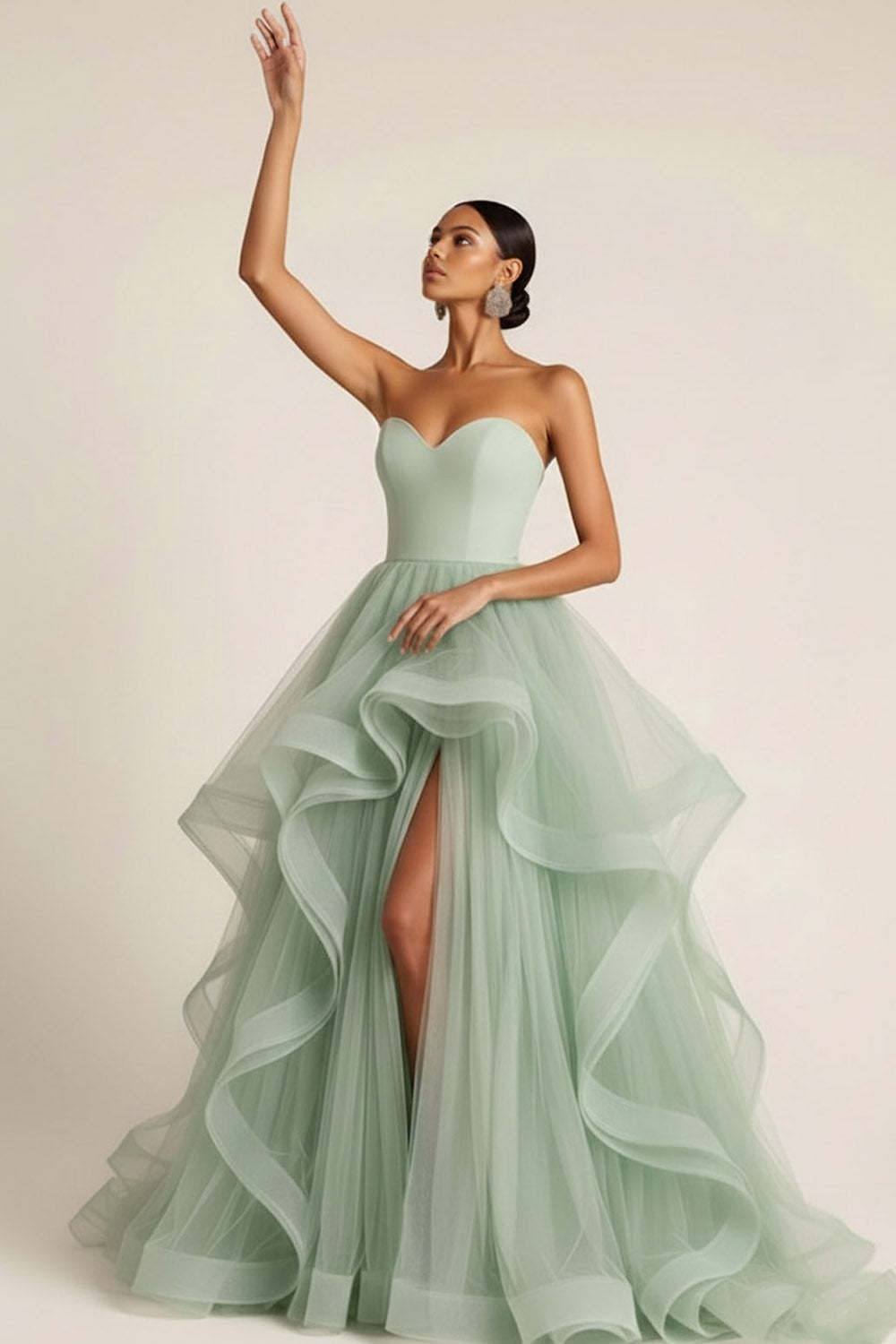 Light Green Sweetheart Tulle A Line Maxi Prom Dress with Ruffles