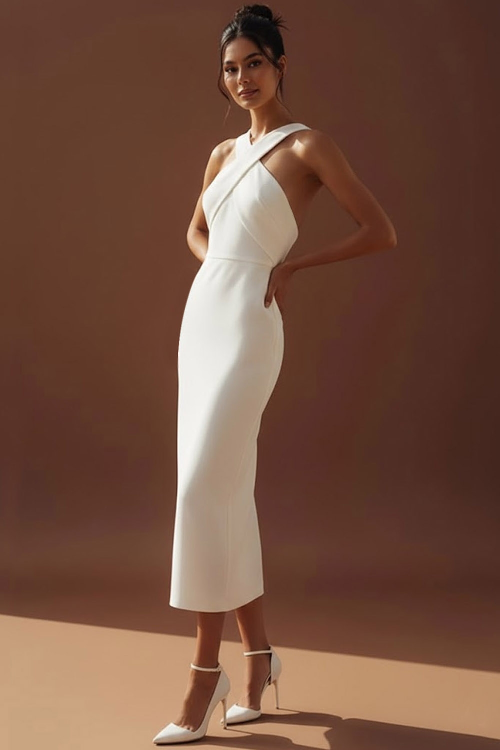 White Formal Evening Dress Sheath Criss Cross Midi Dress