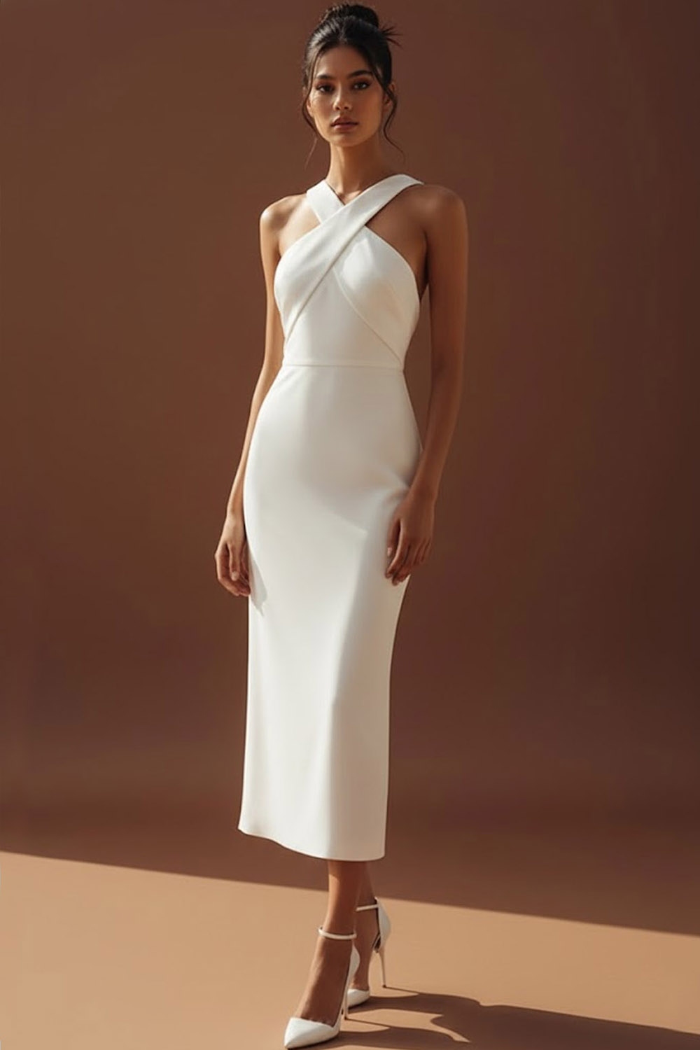 White Formal Evening Dress Sheath Criss Cross Midi Dress