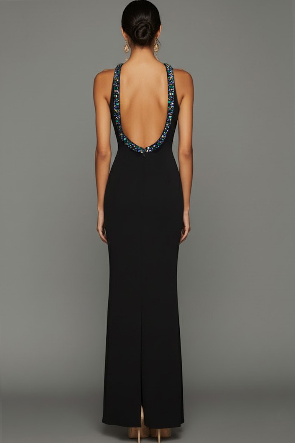 Black Formal Dress Sheath Rhinestone Round Neck Chiffon Maxi Dress