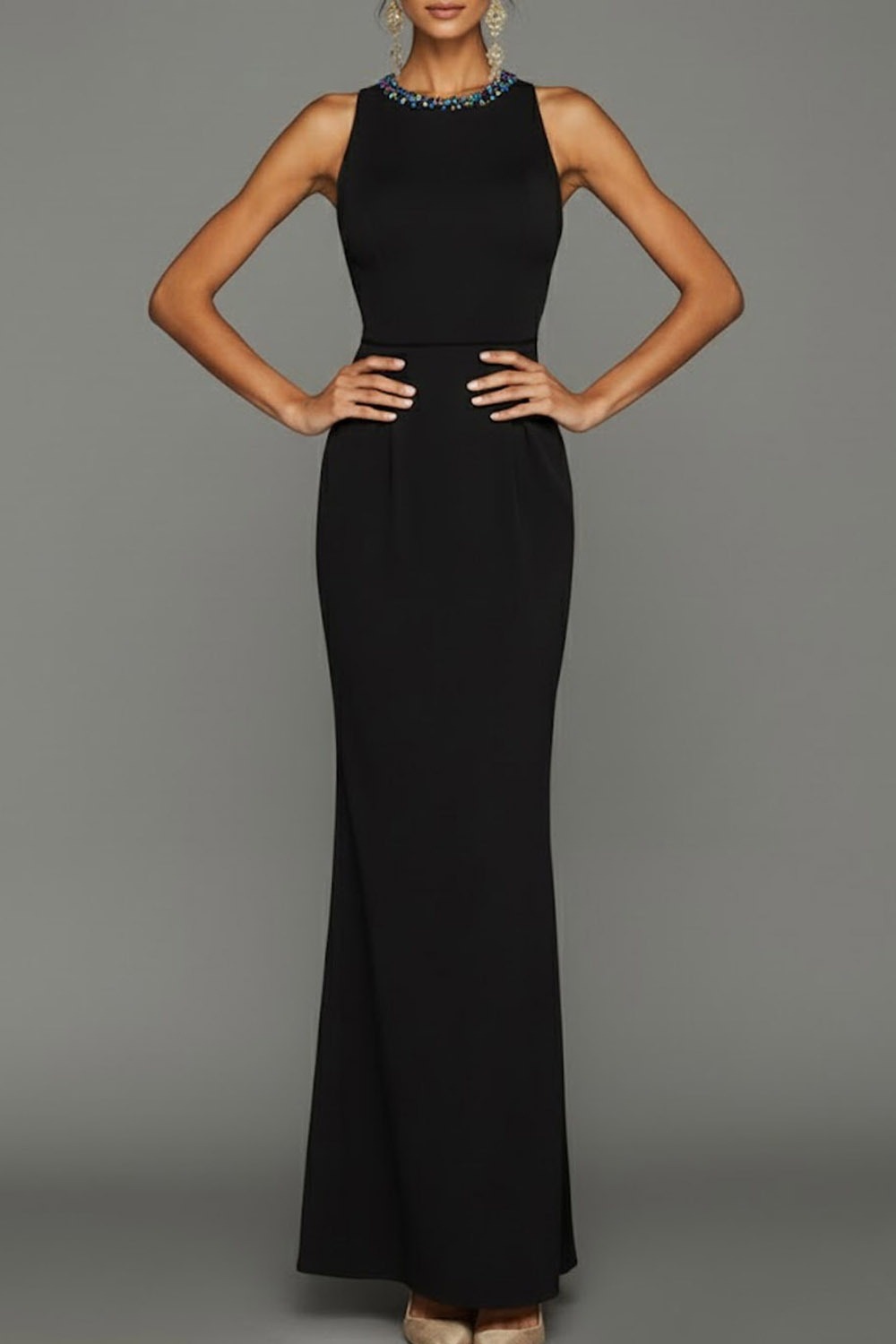 Black Formal Dress Sheath Rhinestone Round Neck Chiffon Maxi Dress