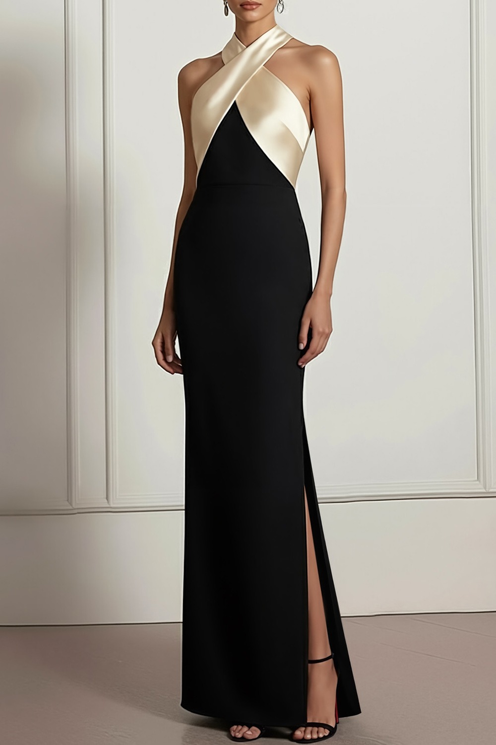 Champagne Evening Formal Dress Sheath Halter Maxi Dress with Slit
