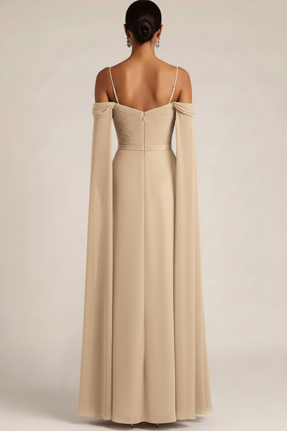 Champagne Formal Evening Dress Cold Shoulder Cape Chiffon Maxi Dress