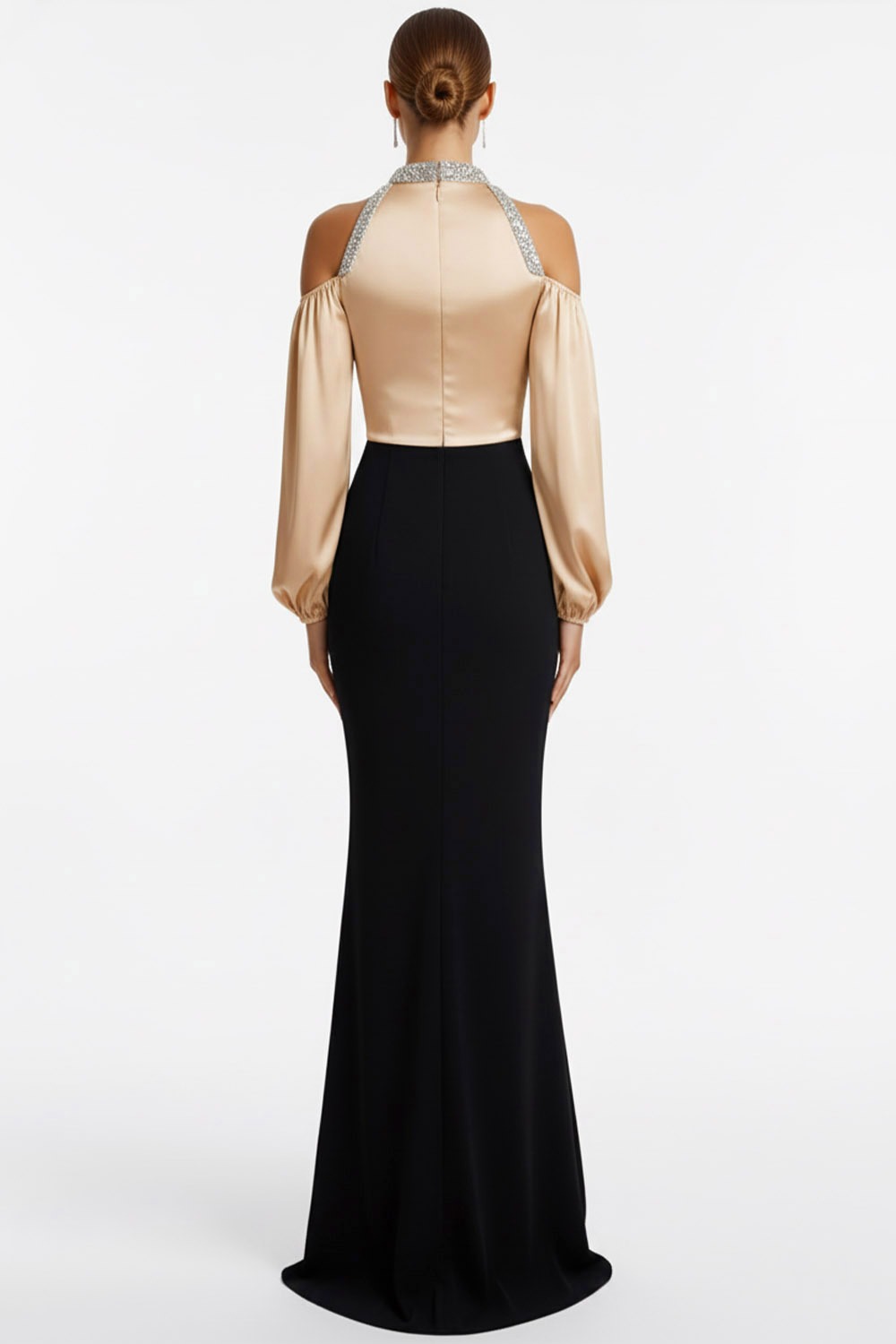 Champagne Formal Evening Dress Mermaid Cold Shoulder Satin Maxi Dress