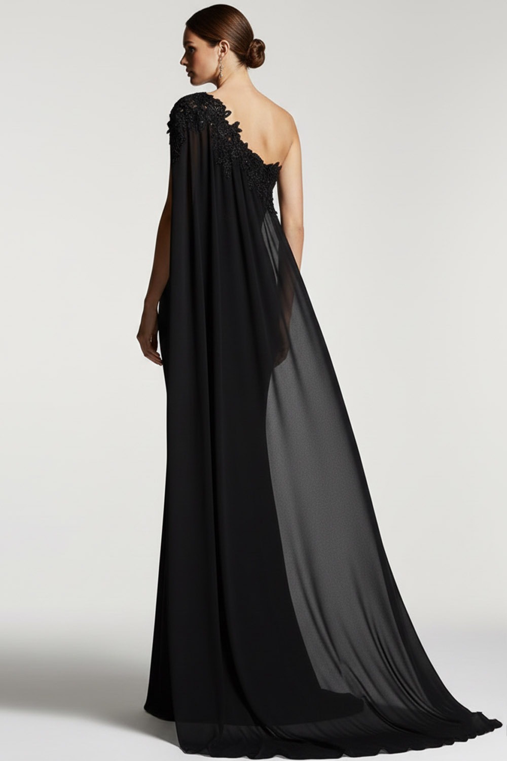 Black Formal Evening Dress One Shoulder Chiffon Maxi Dress with Cape