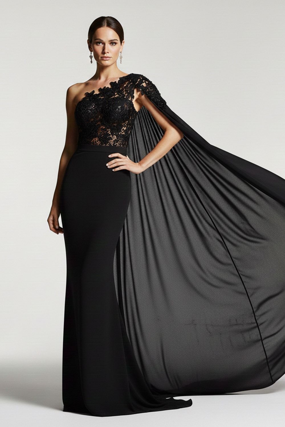 Black Formal Evening Dress One Shoulder Chiffon Maxi Dress with Cape